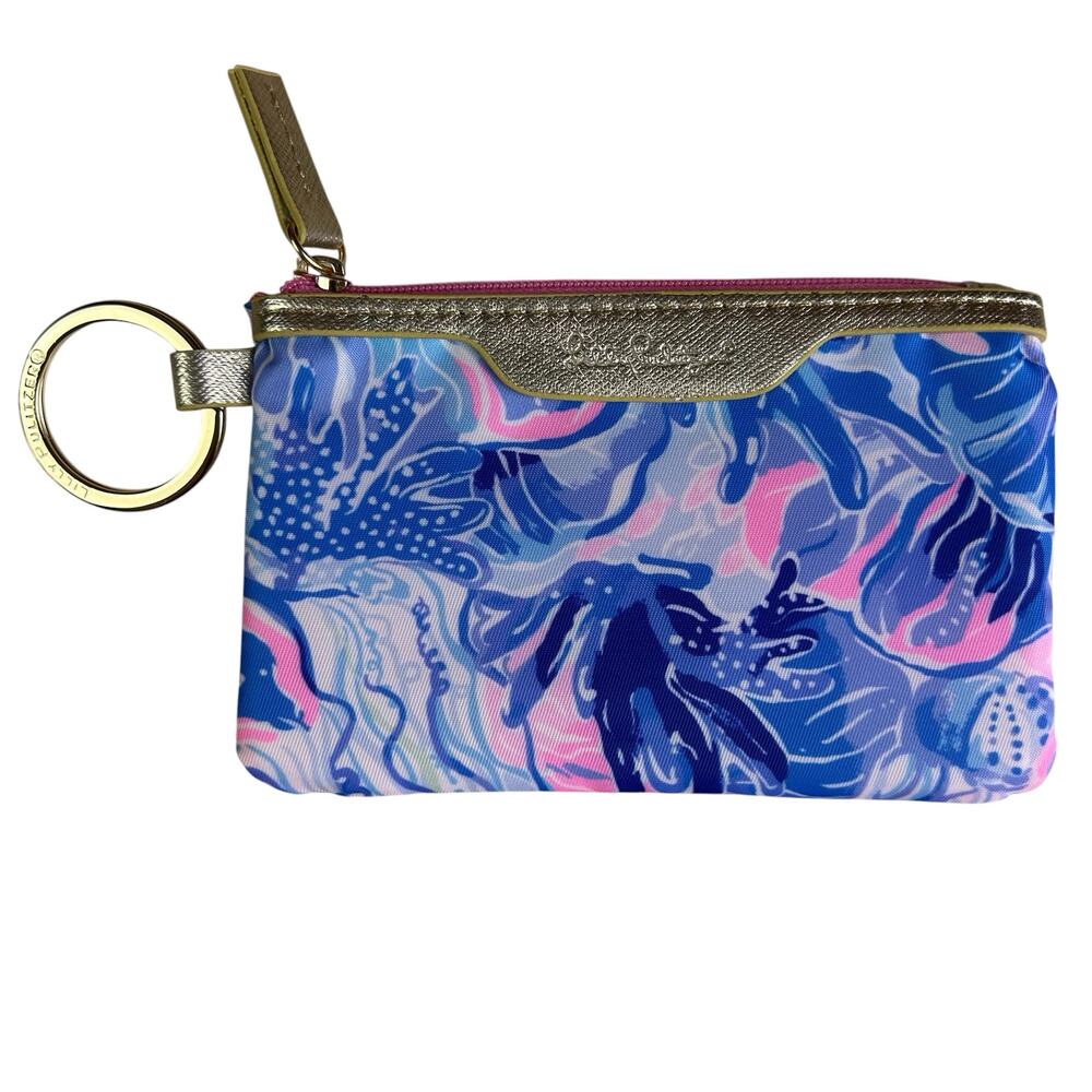 Lilly Pulitzer ID Case Blue Pink Shade Seekers Mini Coin Wallet Travel Keychain